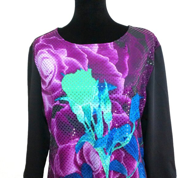 Purple/blue/black floral blouse, with little shiny sequins design - Picture 5 of 7